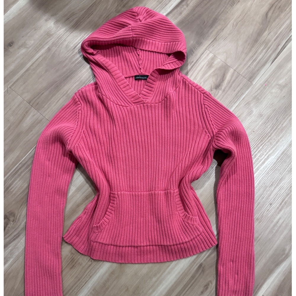 Moda International Ribbed Knit Hoodie Pink Long‎ Sleeve Pocket Pullover y2k v2